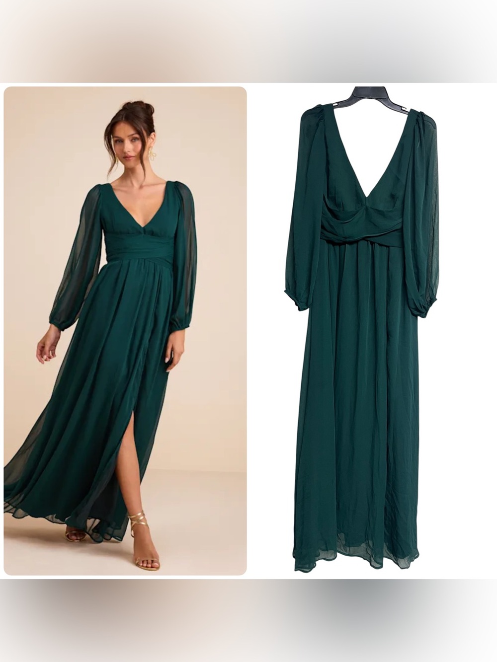 New Lulus Enchant My‎ Love Emerald Green Long Sleeve V-Neck Maxi Dress